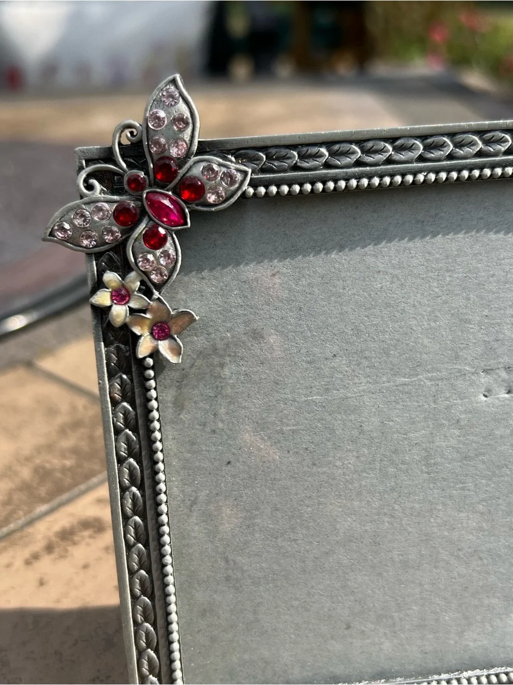 Vintage Silver Rectangular Floral Picture Frame with Enameled Pink Accent Stones